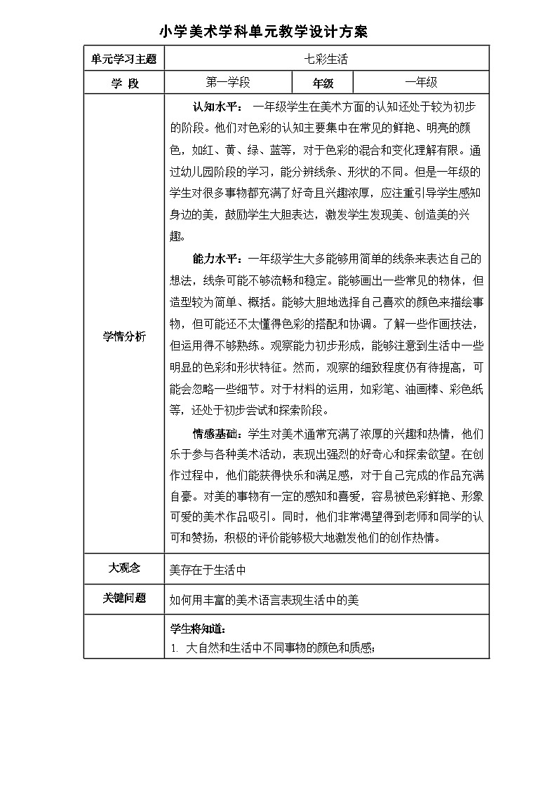 第一单元 七彩生活 教案第1页