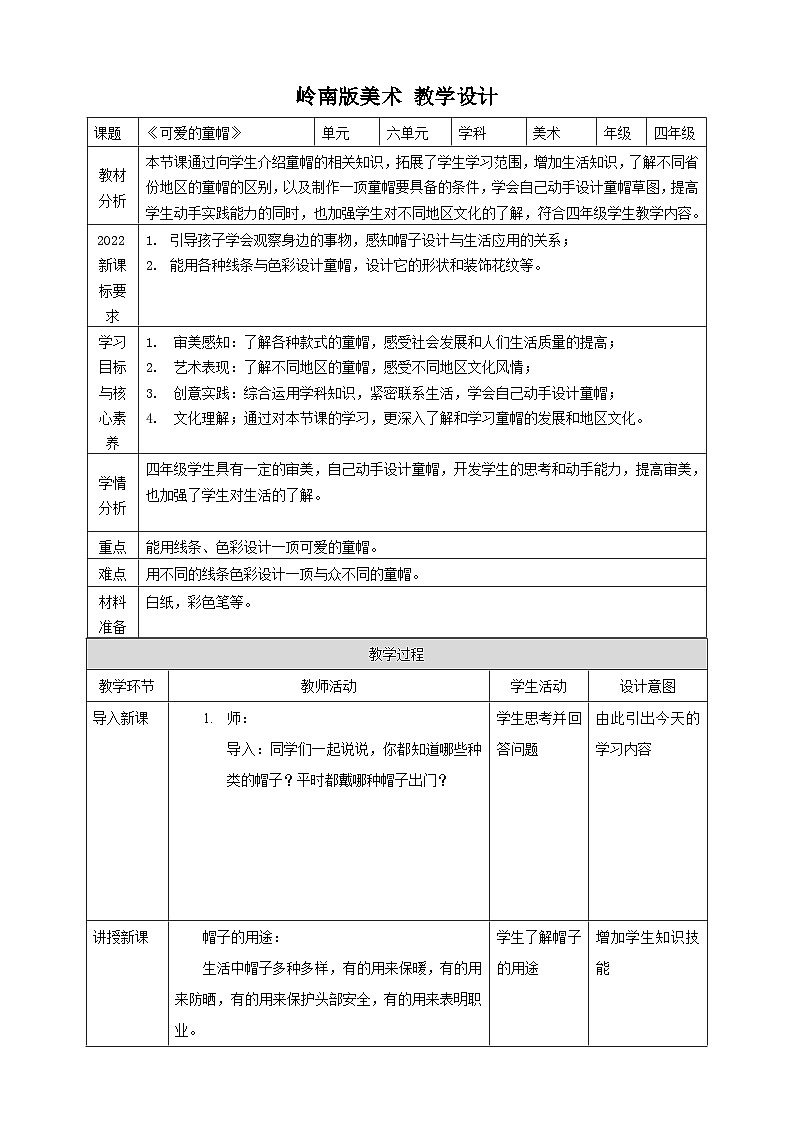 岭南版四上 第六单元第17课《可爱的童帽》教案第1页