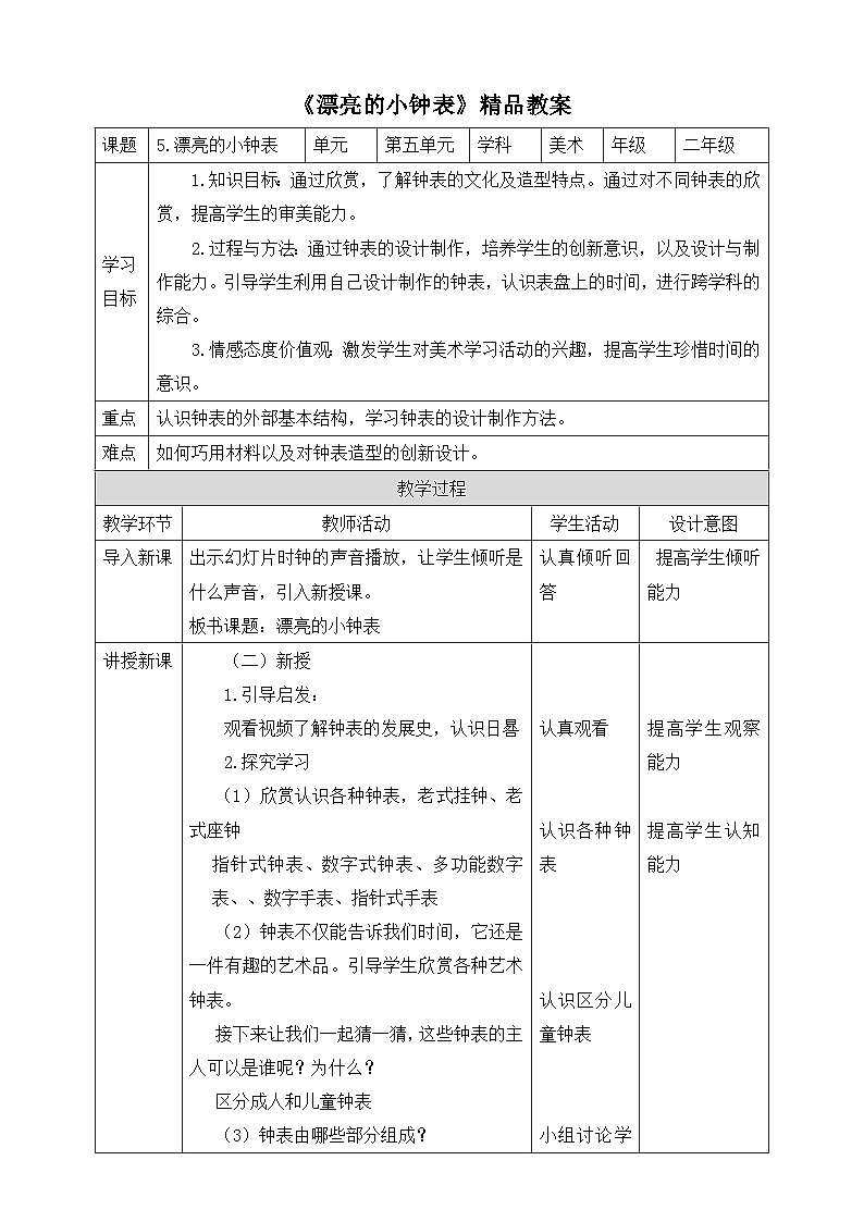 《漂亮的小钟表》精品教案2第1页