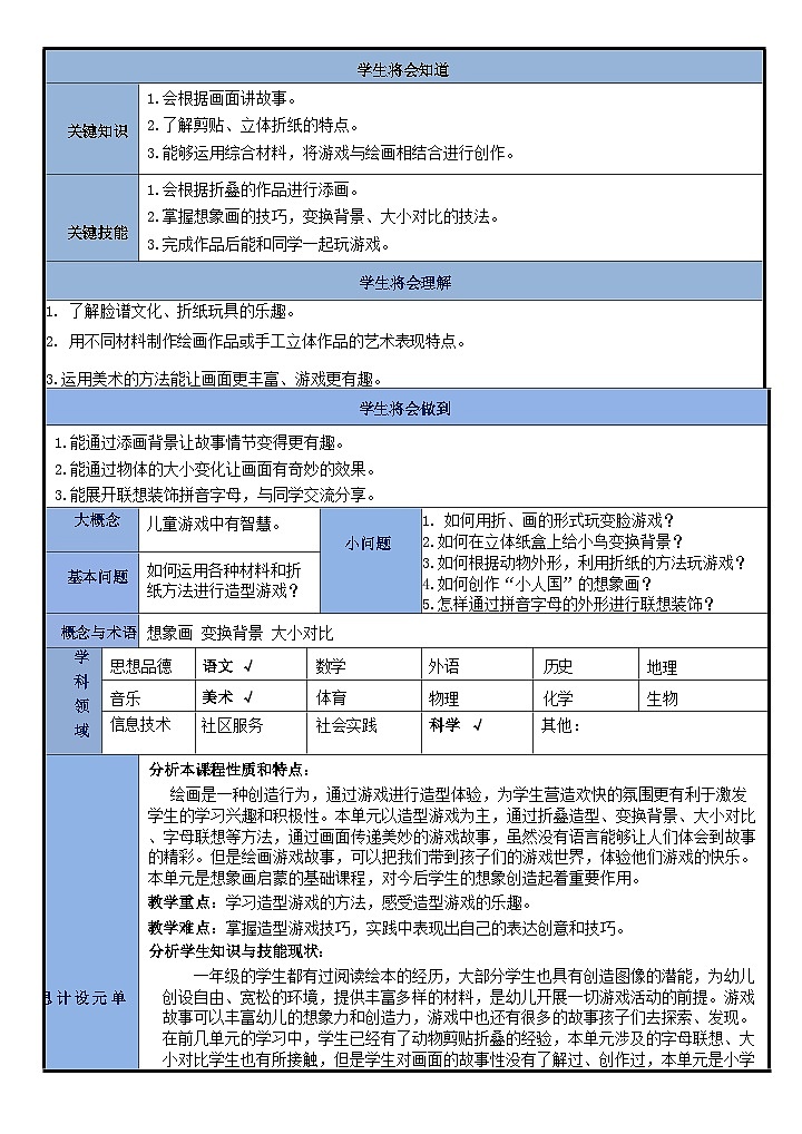 新教材湘美版美术2024年一年级上册第五单元玩游戏 画故事大单元教案第2页