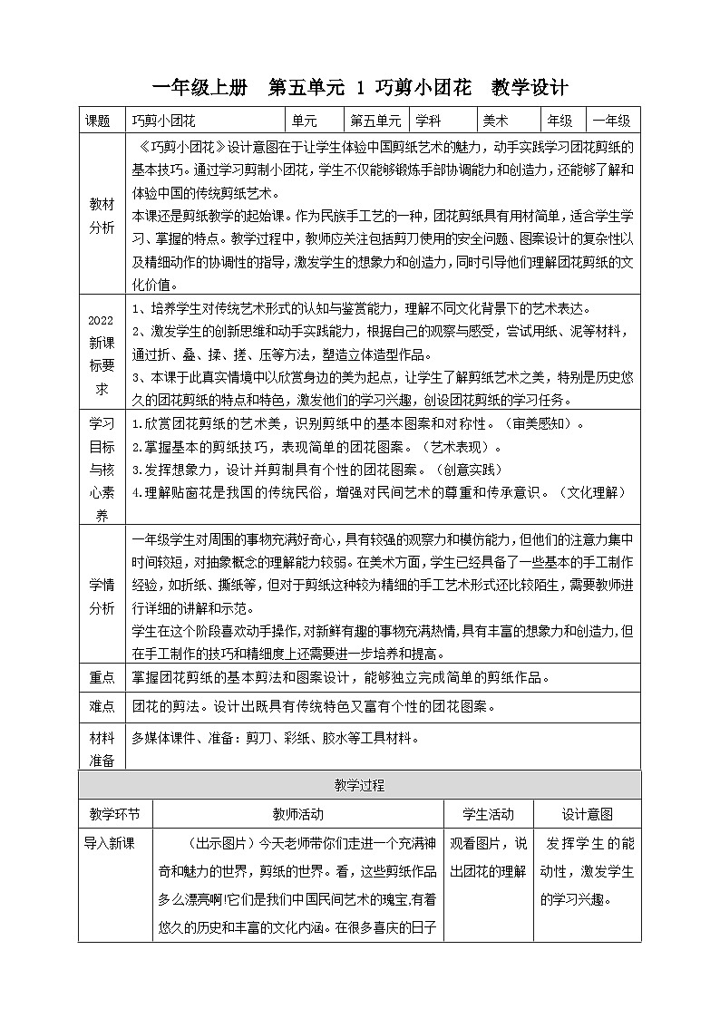 【人美版】美术  一年级上册     第五单元 1 巧剪小团花   课时教案第1页