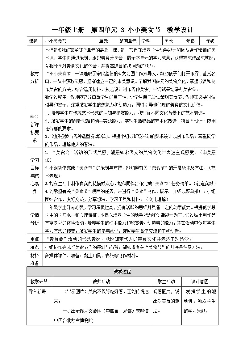 【人美版】美术  一年级上册   第四单元 3 小小美食节  课时教案第1页