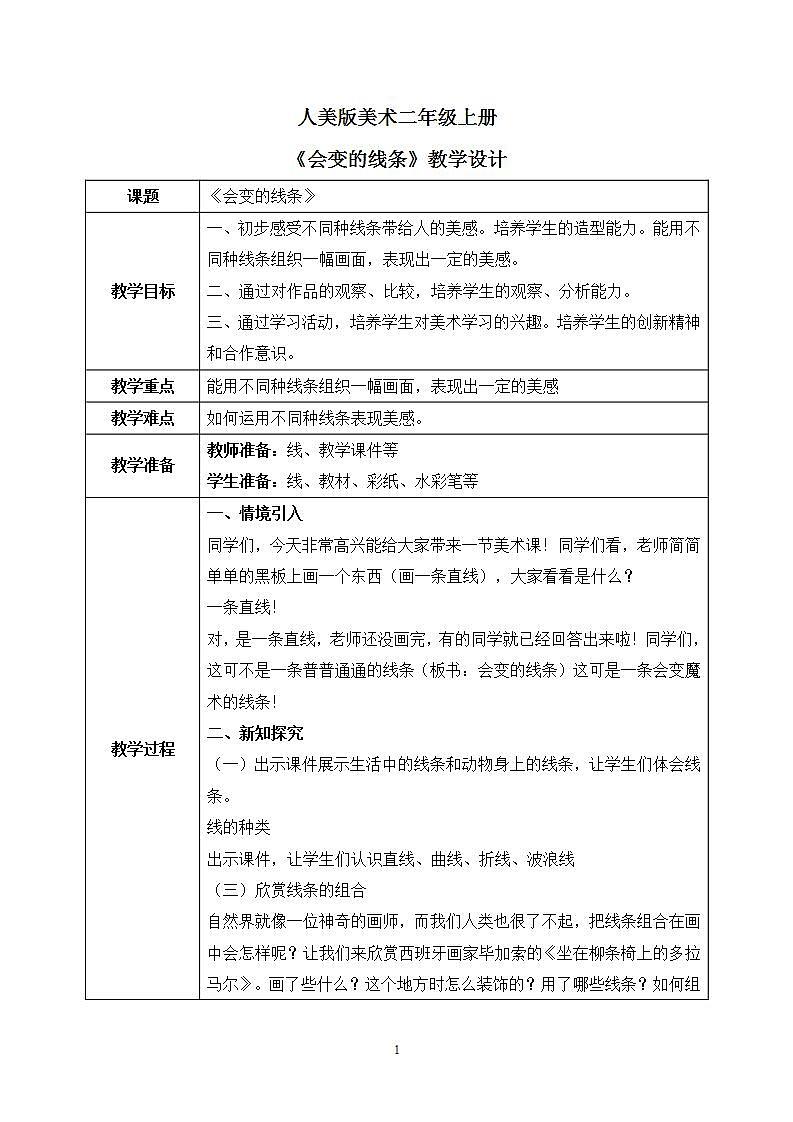人美版美术二年级上册1.《会变的线条》教学设计第1页