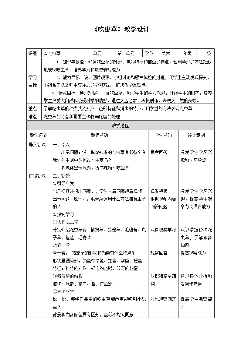 人美版小学美术二年级下册 第2课《吃虫草》教学设计第1页