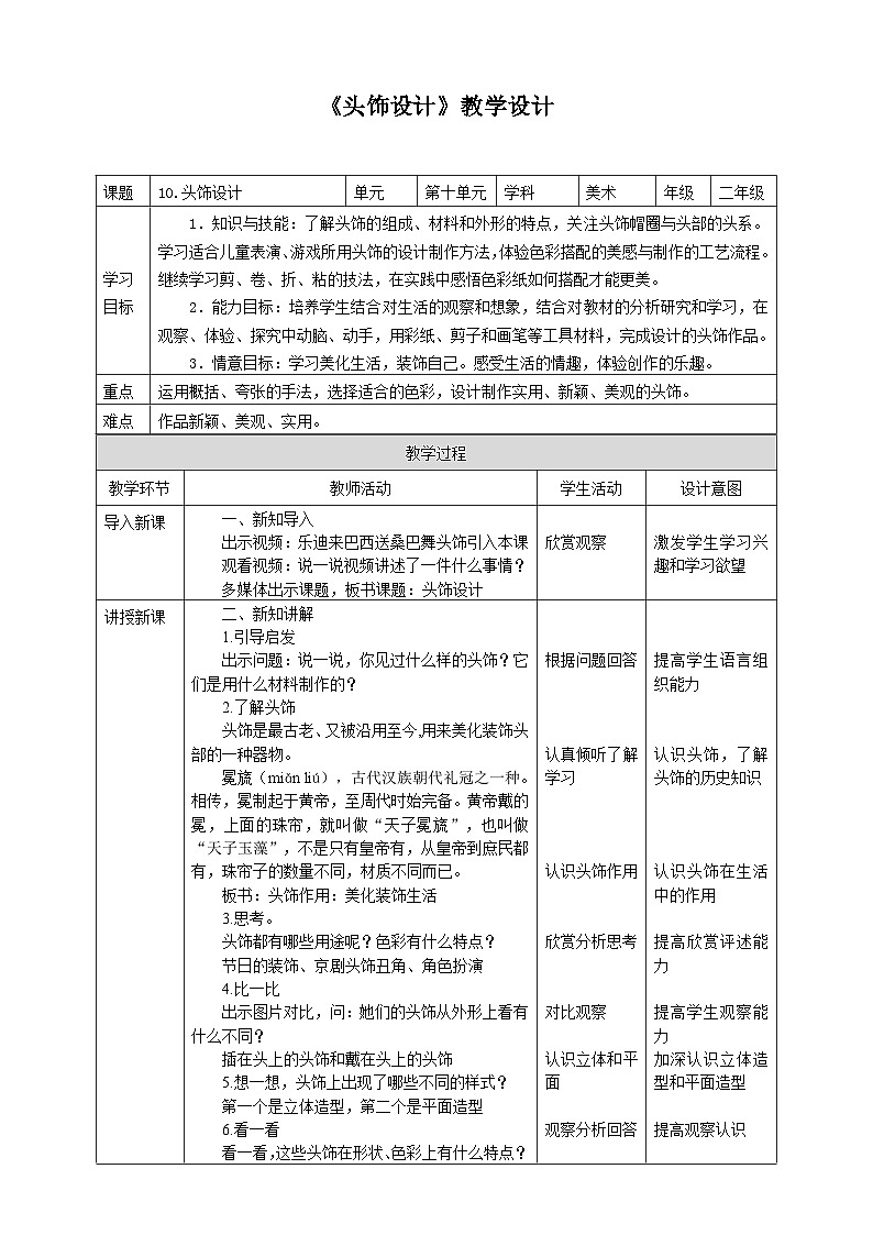 人美版小学美术二年级下册 第10课《头饰设计》教学设计第1页