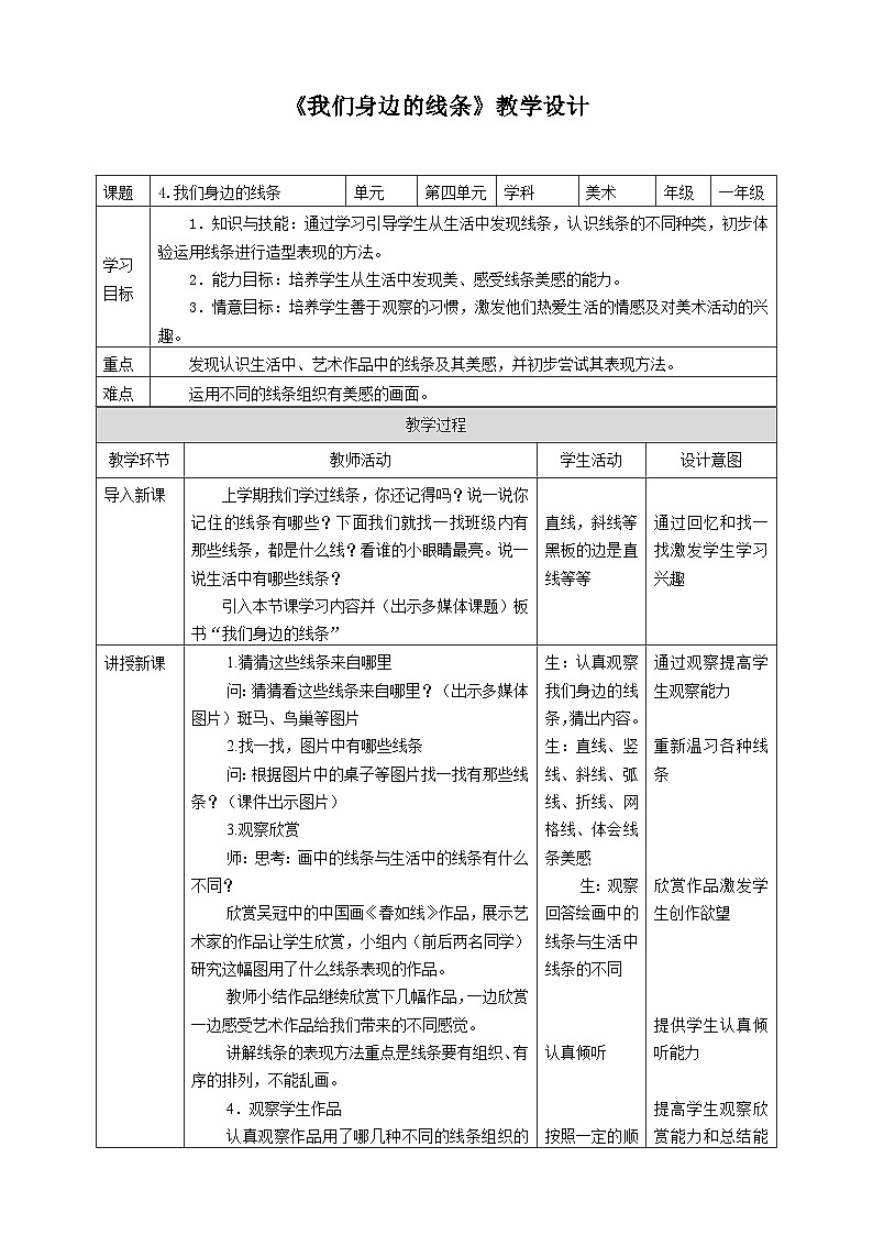 人美版小学美术 一年级下册第4课《我们身边的线条》教学设计第1页