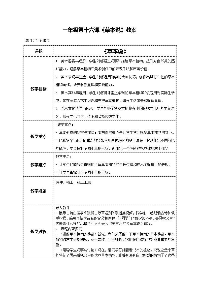 美术岭南版一年级下册 第十六课《草本说》教案第1页