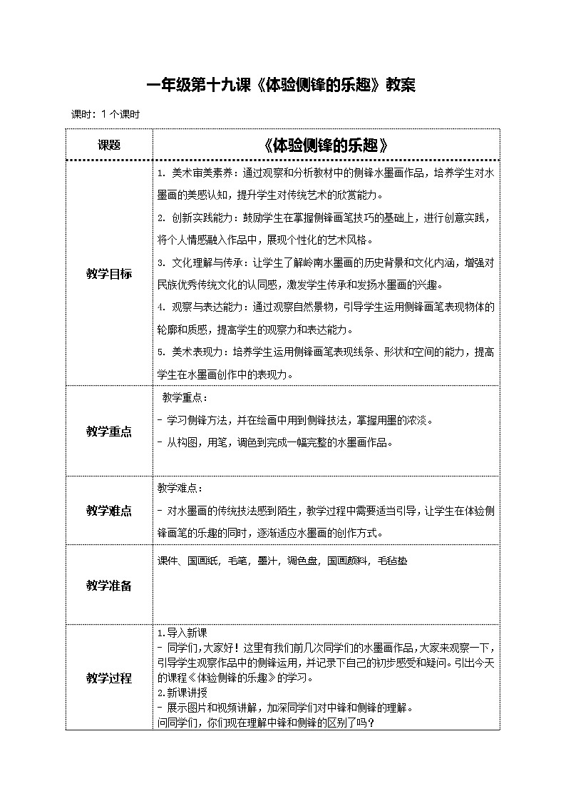 美术岭南版一年级下册 第十九课《体验侧锋的乐趣》教案第1页