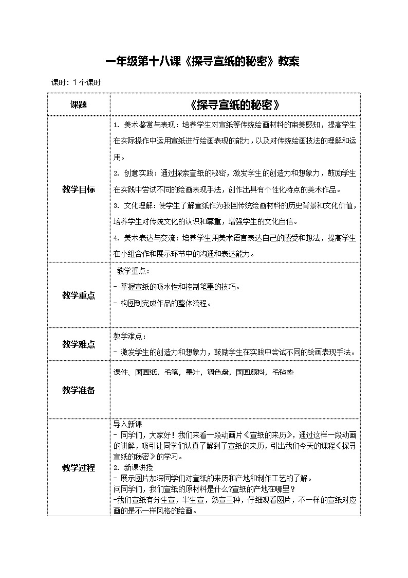 美术岭南版一年级下册 第十八课《探寻宣纸的秘密》教案第1页