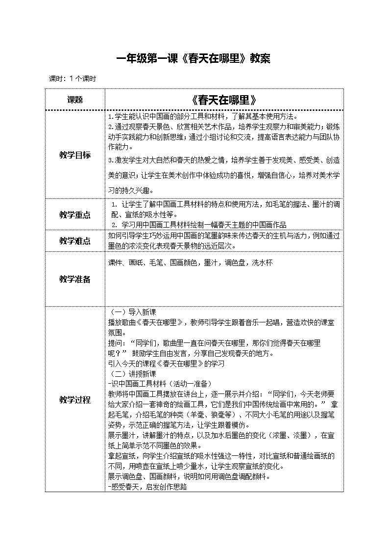 美术人教版一年级下册 第一课《春天在哪里》教案第1页