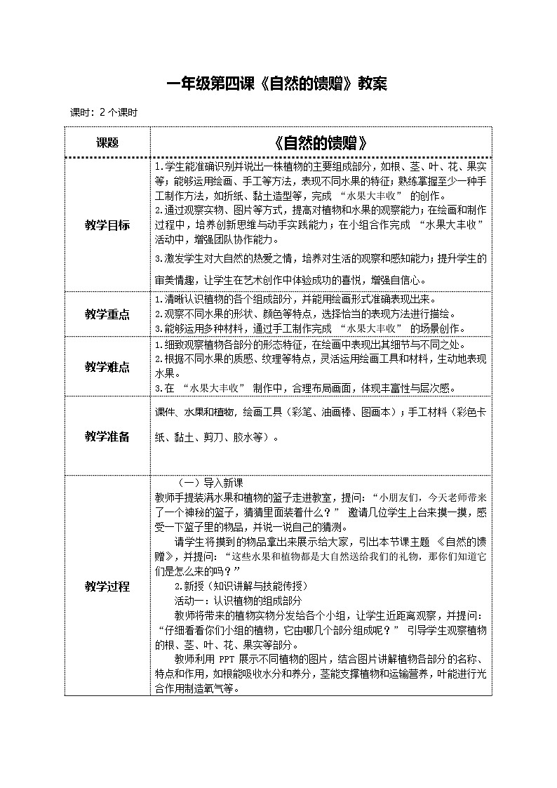 美术人教版一年级下册 第四课《自然的馈赠》教案第1页
