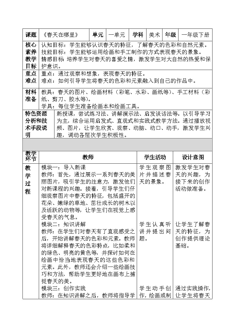 人美版小学美术下册《春天在哪里》教学设计第1页