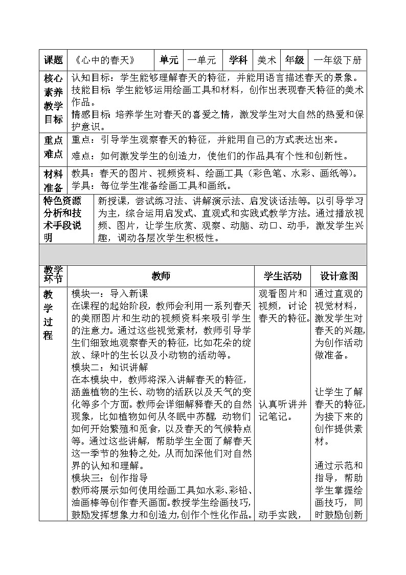 人美版小学美术下册《心中的春天》教学设计第1页