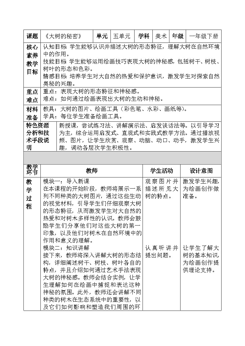 人美版小学美术下册《大树的秘密》教学设计第1页