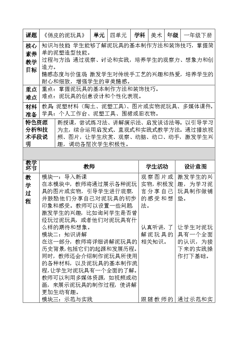 人美版小学美术下册《俏皮的泥玩具》教学设计第1页