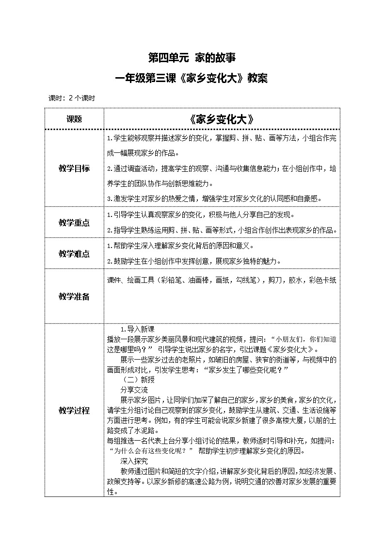 美术人教版一年级下册 第三课《家乡变化大》教案第1页