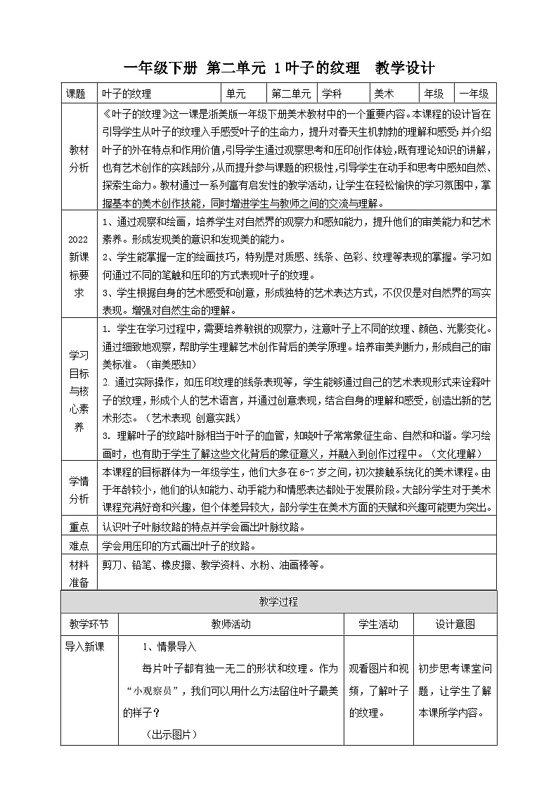 【浙美版】 一年级下册第二单元 3.叶子的纹理  课时核心素养教案第1页