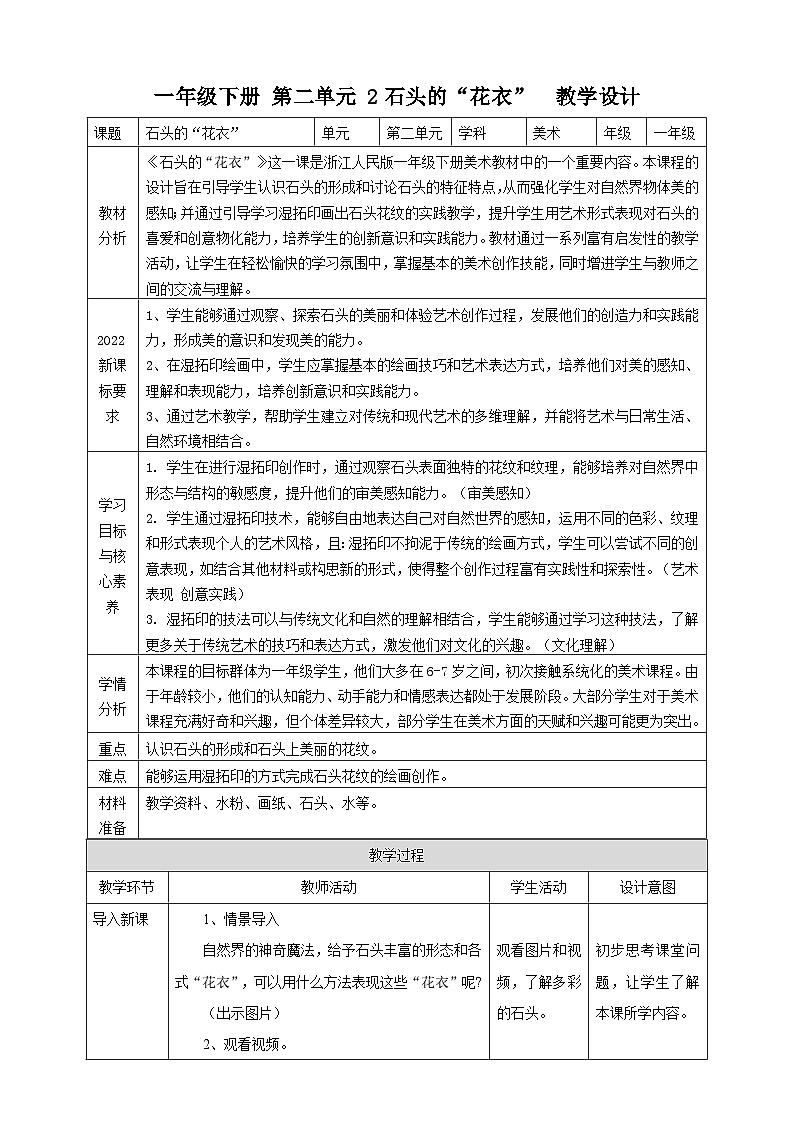 【浙美版】一年级下册第二单元 4.石头的“花衣”  课时核心素养教案第1页