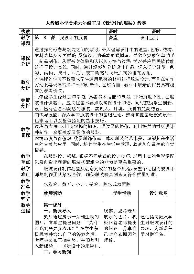 人教版小学美术六年级下册《 我设计的服装 》教案第1页