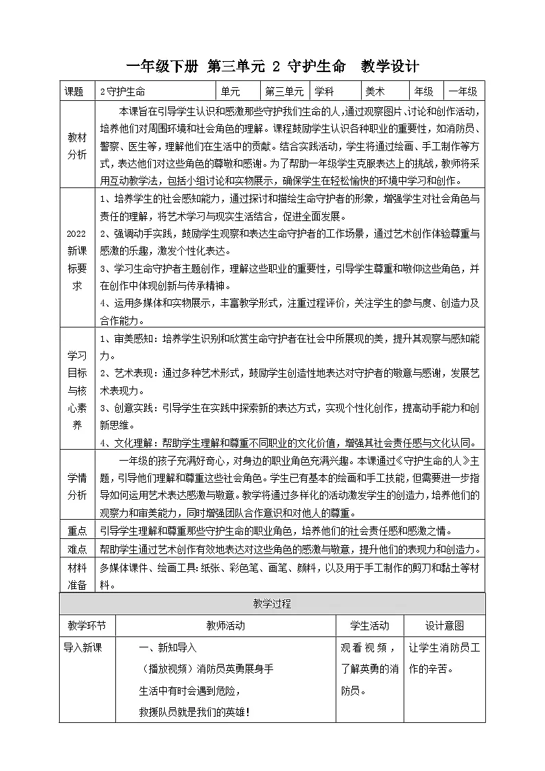 【人教版】美术一年级下册第3单元第2课《守护生命》教案第1页