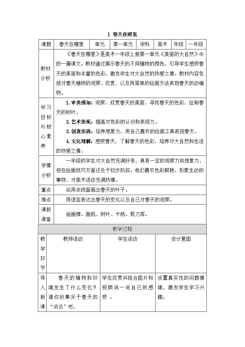 新人美版美术一下 1-1《 春天在哪里》精品教案第1页