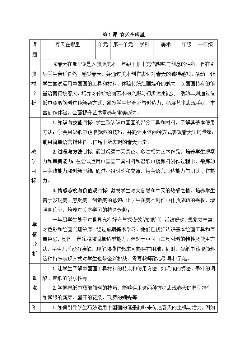 新人教版美术一下 第一单元《第1课 春天在哪里》教案第1页