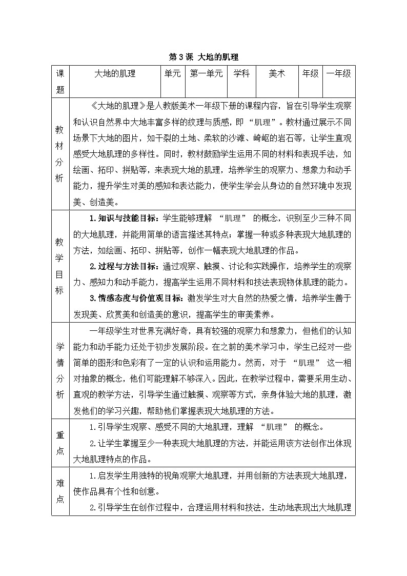 新人教版美术一下 第一单元《第3课 大地的肌理》教案第1页