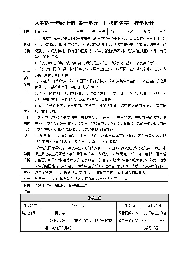 【人教版】美术 一年级上册 第一单元 1 我的名字 课时教案第1页