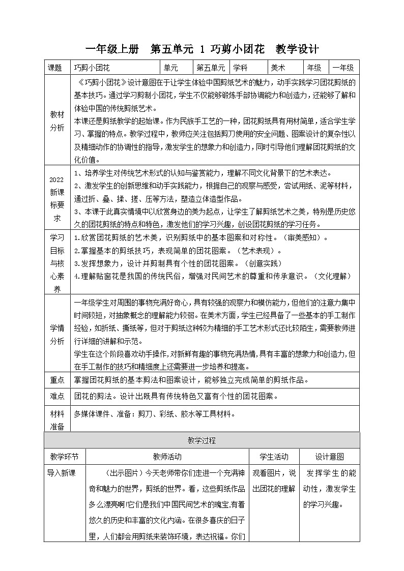 【人美版】美术 一年级上册 第五单元 1 巧剪小团花 课时教案第1页