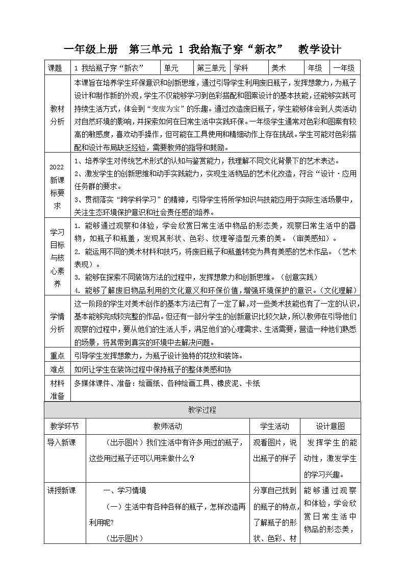 【人美版】美术 一年级上册 第三单元 1 我给瓶子穿“新衣” 课时教案第1页