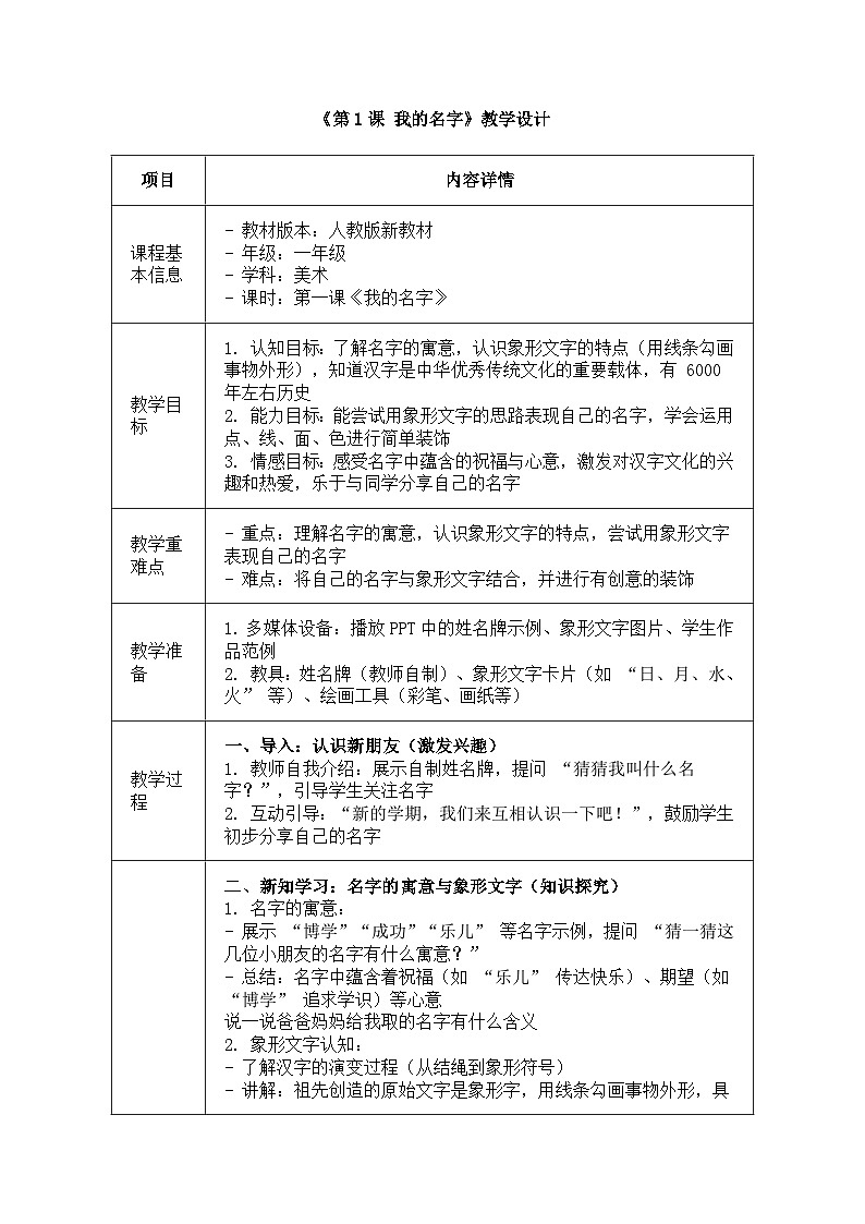 人教版(2024)一年级上册美术第一课《我的名字》 教学设计第1页
