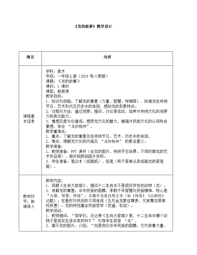 人教版(2024)一年级上册美术第三课 龙的故事 教案设计第1页