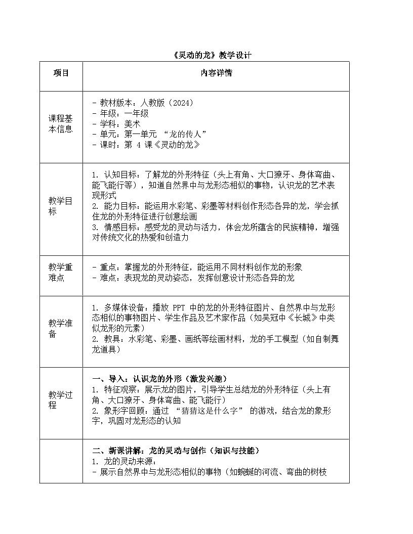 人教版(2024)一年级上册美术第四课《灵动的龙》 教案设计第1页