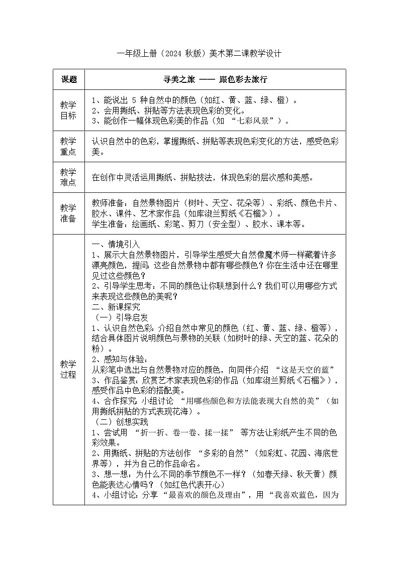 人美版（2024）一年级上册美术《跟色彩去旅行》教案第1页