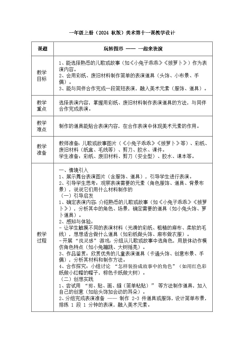 人美版（2024）一年级上册美术《一起来表演》教案第1页