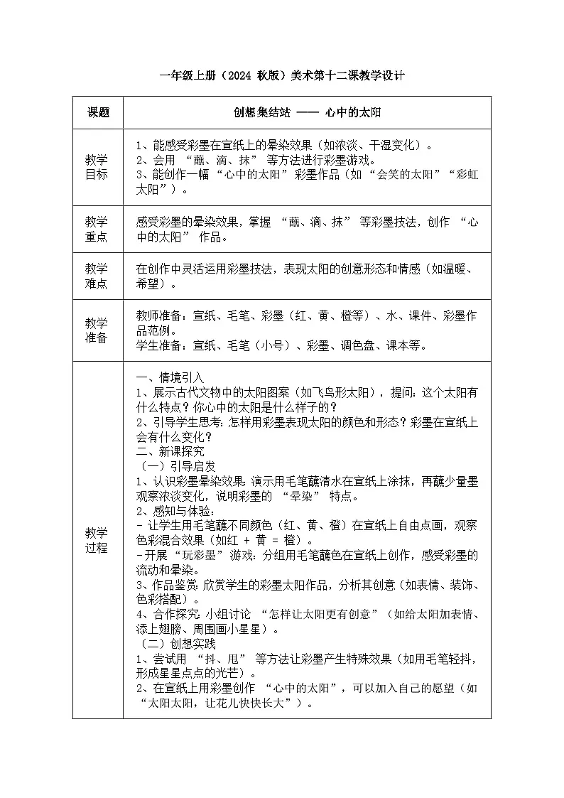 人美版（2024）一年级上册美术《心中的太阳》教案第1页