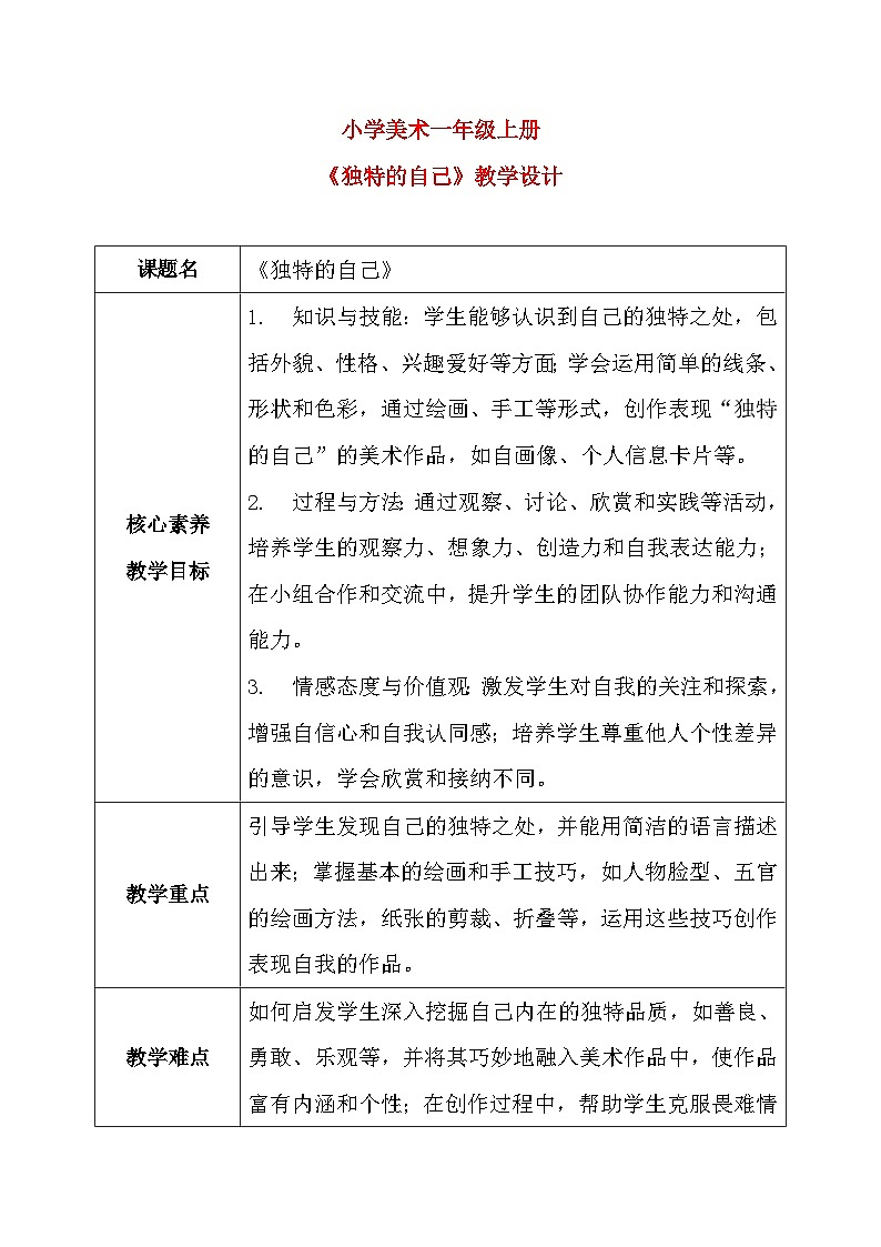 第8课《独特的自己》教案第1页