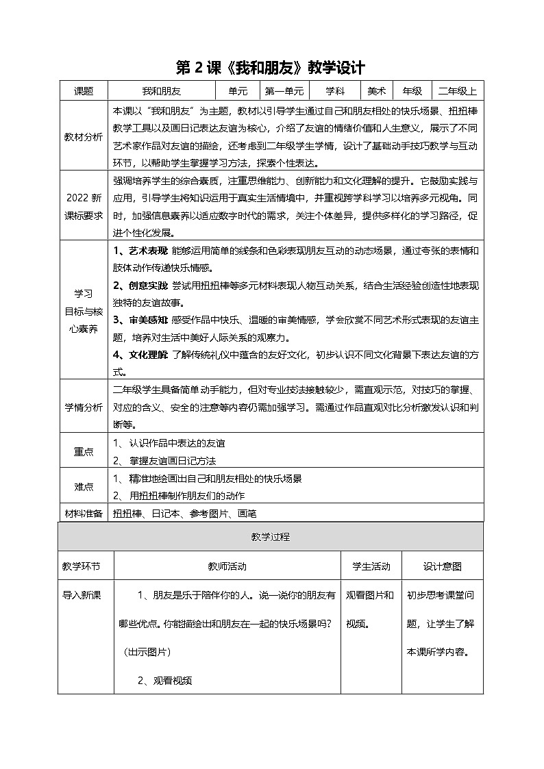 【人美版】美术 二年级上册 第一单元 第2课《我和朋友》 核心素养教教学设计第1页