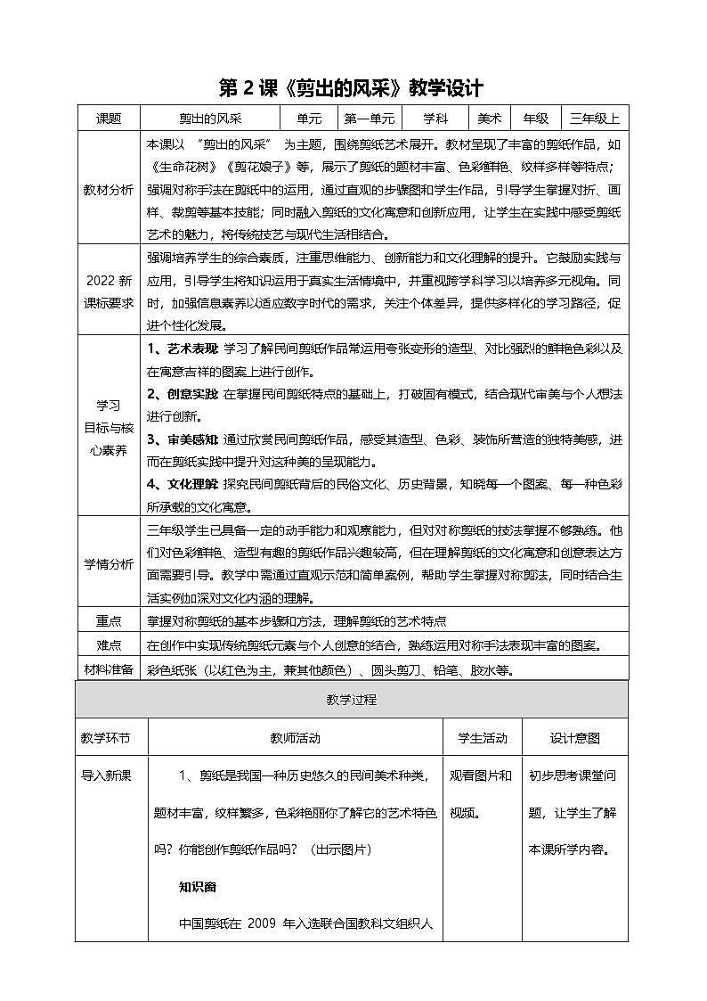 【人美版】美术 三年级上册 第一单元 第2课《剪出的风采》核心素养教学设计第1页