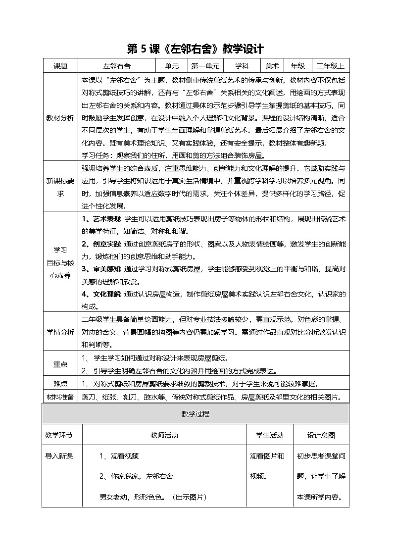 【新教材】湘美版二上 第一单元 第5课《左邻右舍》核心素养教学设计第1页