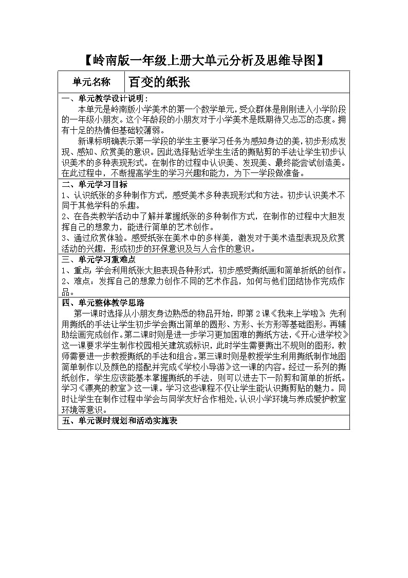 【大单元教学】新岭南版一年级上册第一单元《百变的纸张》大单元教学分析以及思维导图第1页