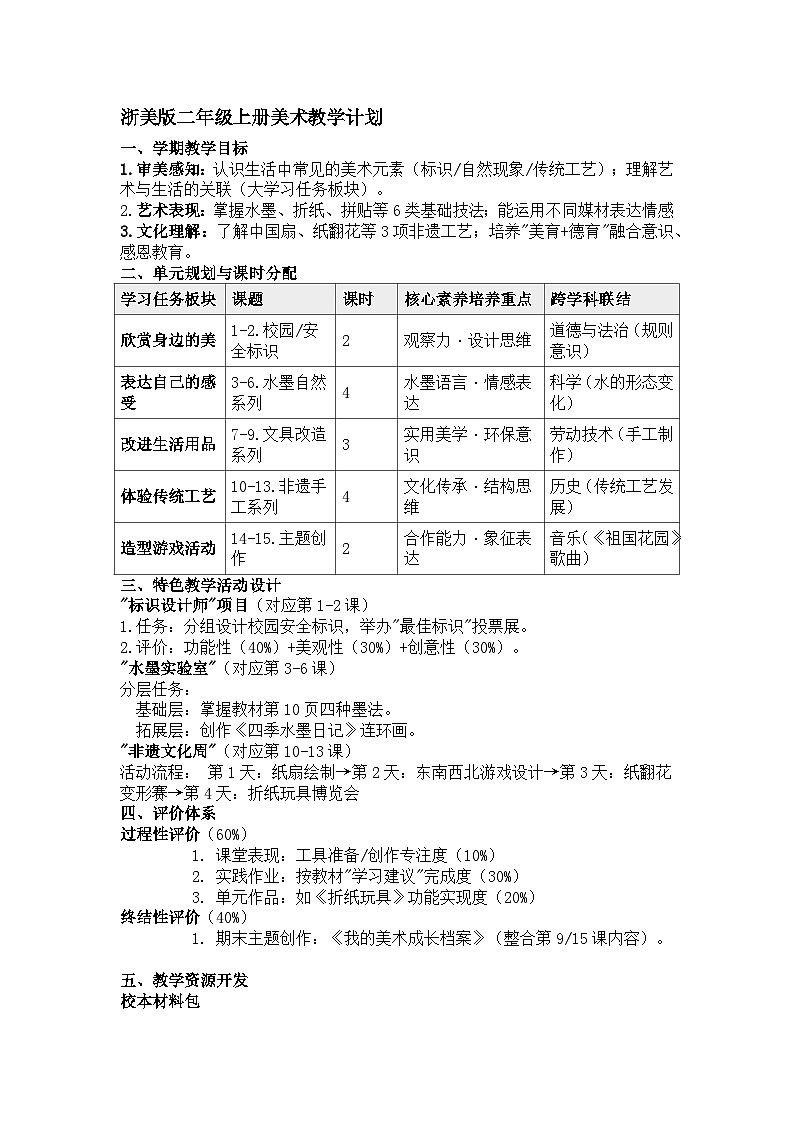 浙美版二年级上册美术教学计划第1页