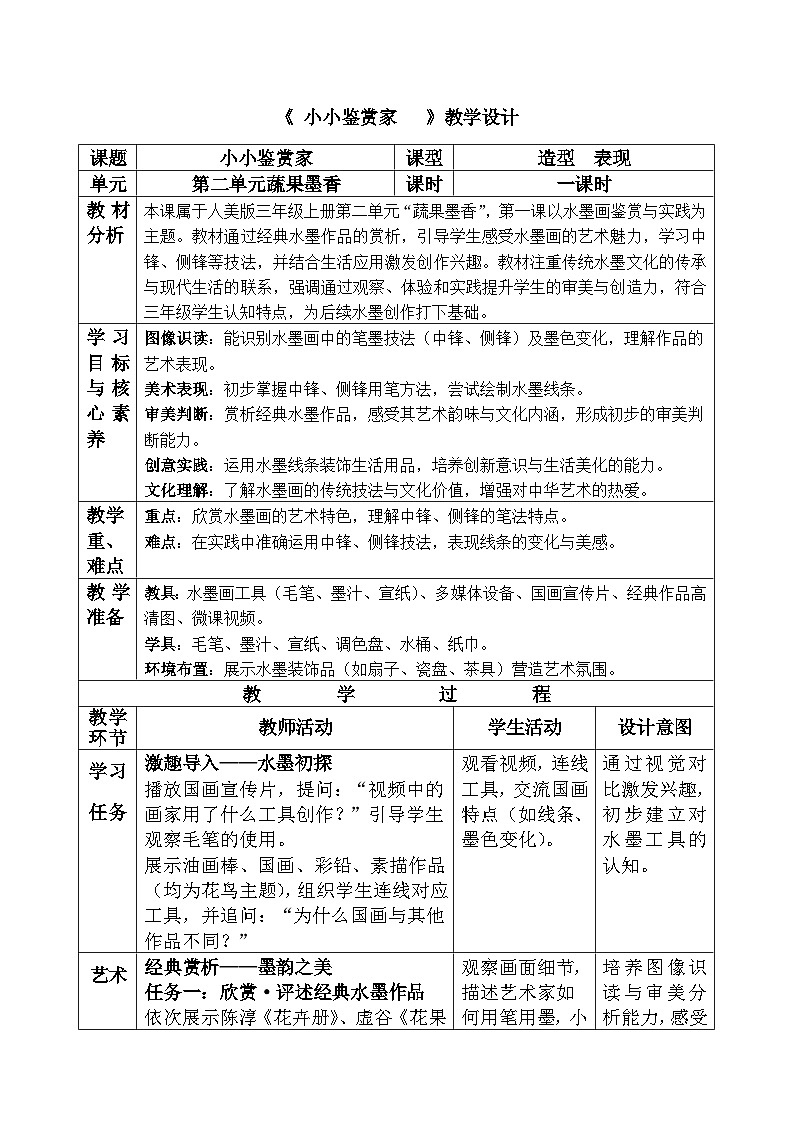 人美版小学三年级美术上册第二单元第一课《小小鉴赏家》教案第1页