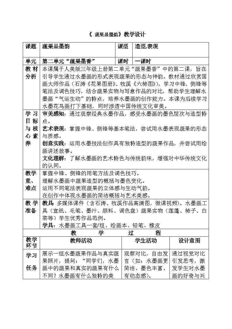 人美版小学三年级美术上册第二单元第二课《蔬果显墨韵》教案第1页
