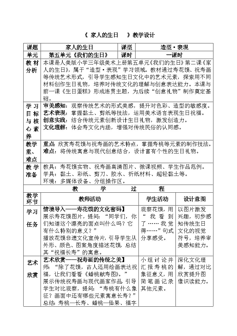 人美版小学三年级美术上册第五单元第二课《家人的生日》教案第1页