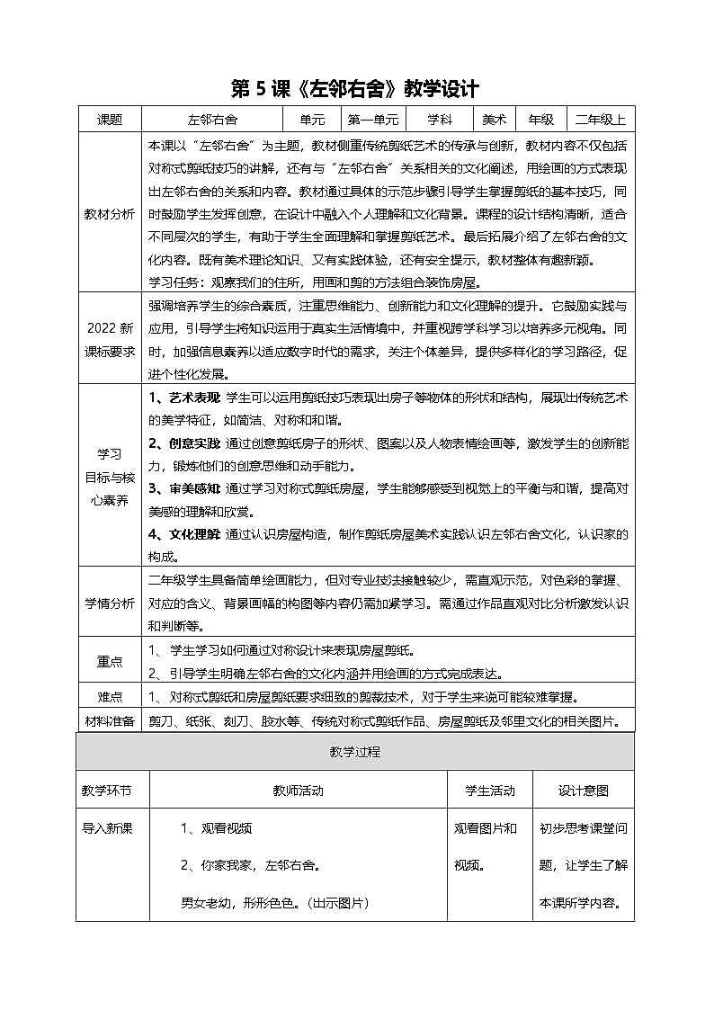 第一单元 第5课《左邻右舍》教学设计 湘美版二年级美术上册第1页