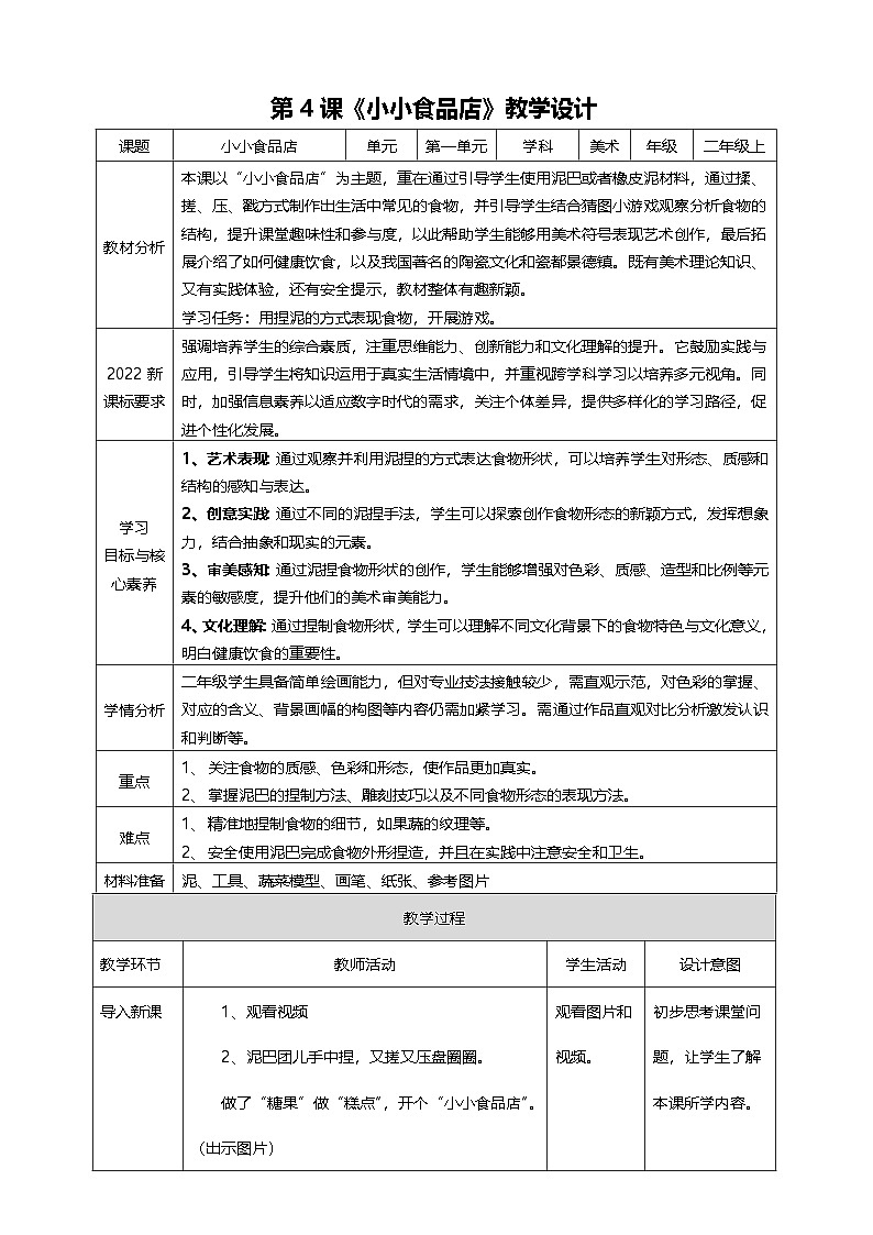 第一单元 第4课《小小食品店》教学设计 湘美版二年级美术上册第1页