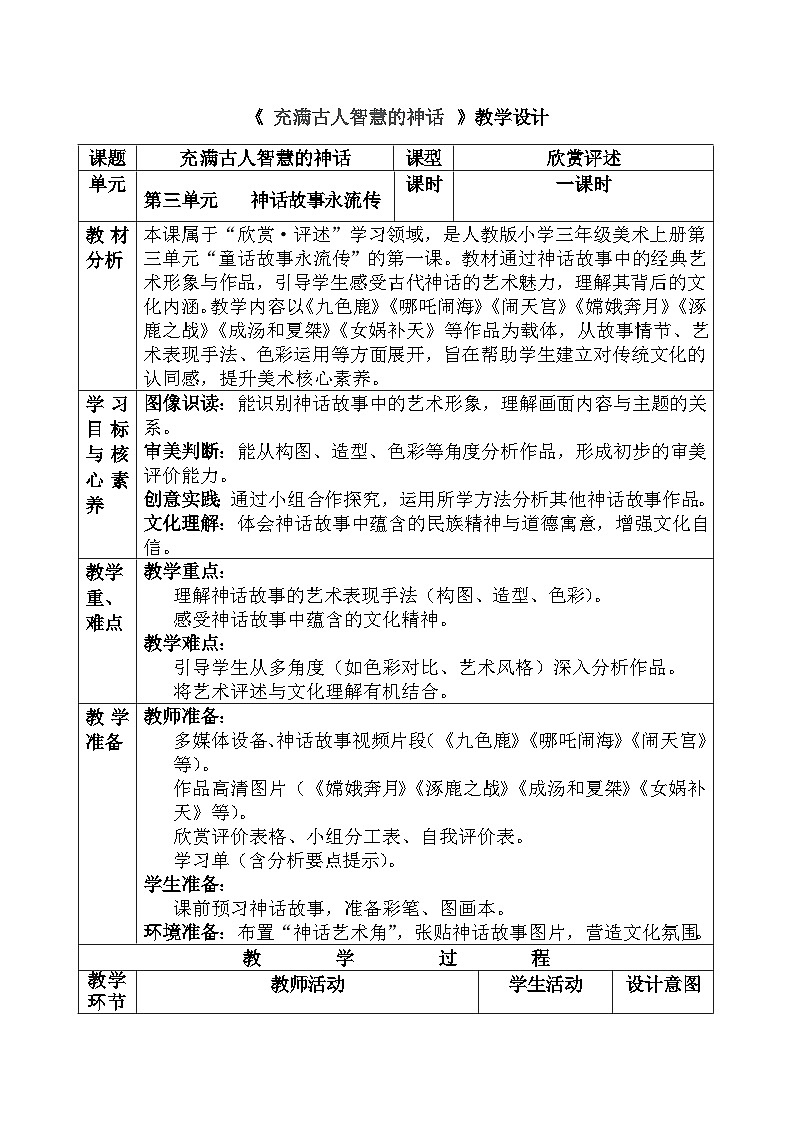人美版(2024)小学三年级美术第三单元第一课《充满古人智慧的神话》教案第1页