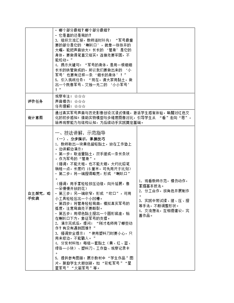 《第六单元 红星闪闪军号响：17 小小军号》教学设计（表格版）-2024-2025学年第一学期赣美版（2024）美术一年级上册第3页