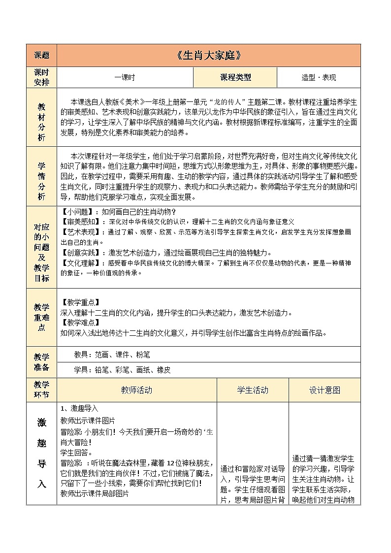 生肖大家庭(教案)人教版一年级上册美术(新教材)第1页